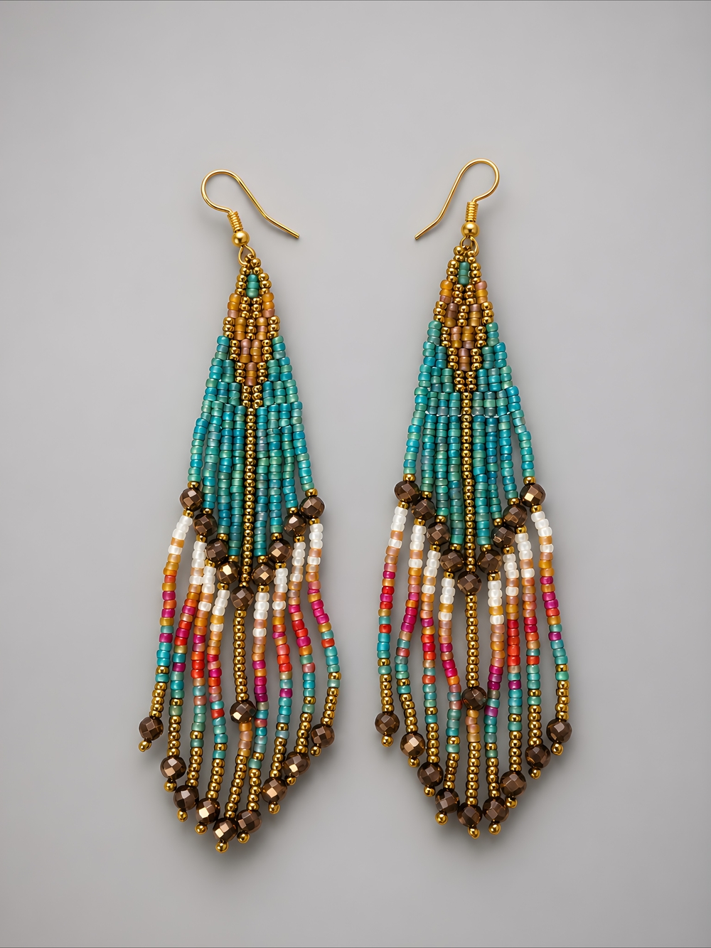 Handmade Empress Boho Fringe Southwestern Beaded Earrings - Blue Bronze